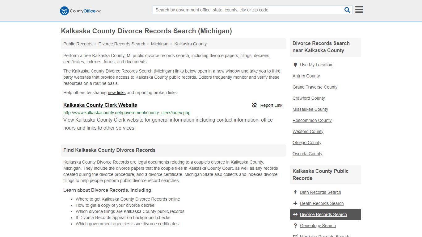 Kalkaska County Divorce Records Search (Michigan) - County Office