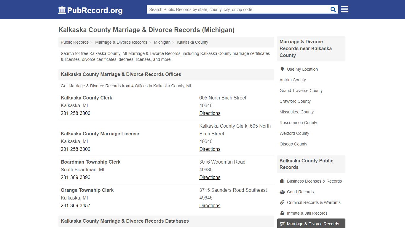Kalkaska County Marriage & Divorce Records (Michigan)